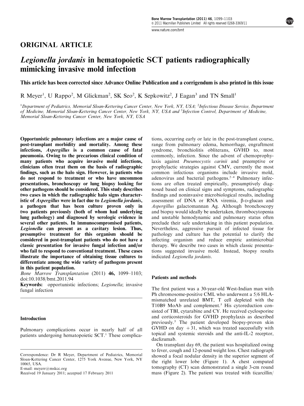 Legionella Jordanis in Hematopoietic SCT Patients Radiographically Mimicking Invasive Mold Infection