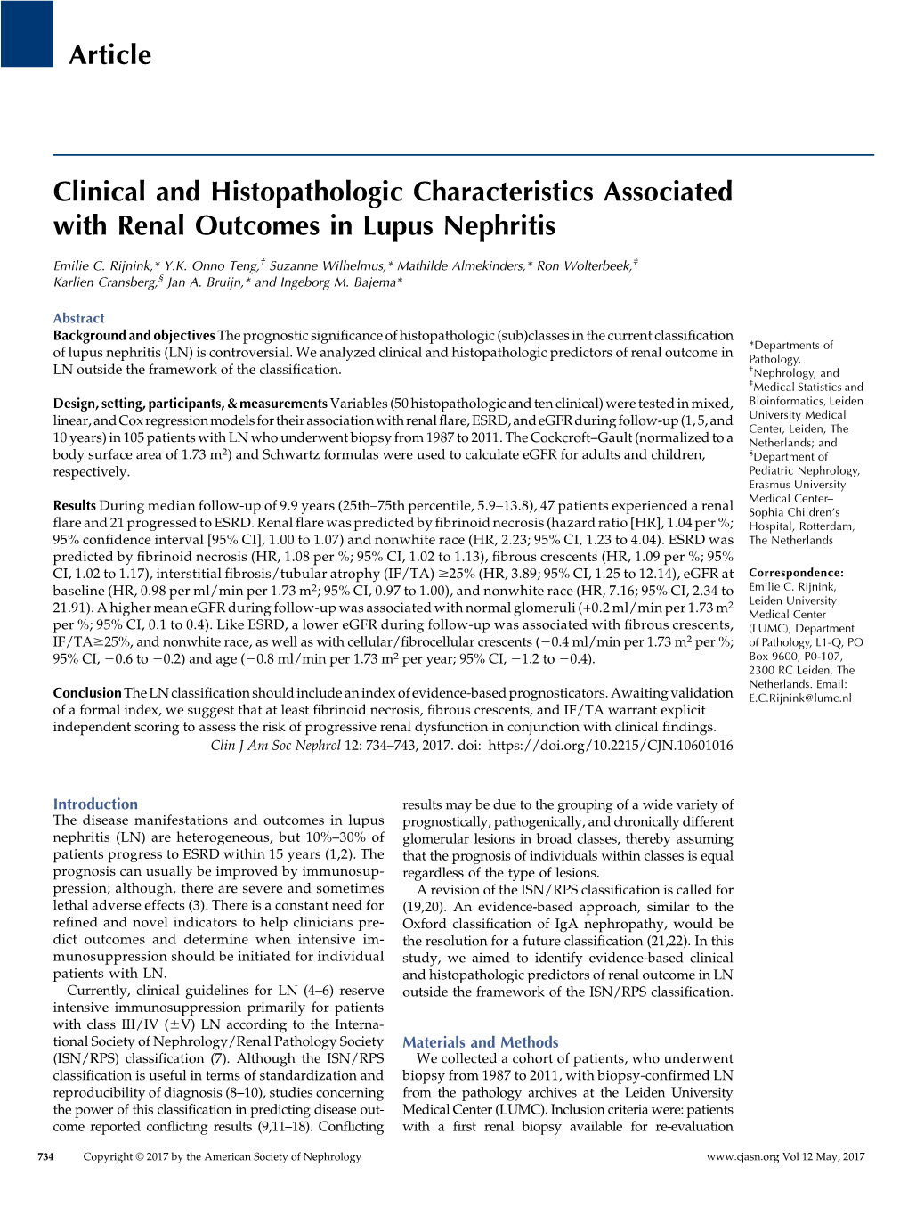 Clinical and Histopathologic Characteristics Associated with Renal Outcomes in Lupus Nephritis