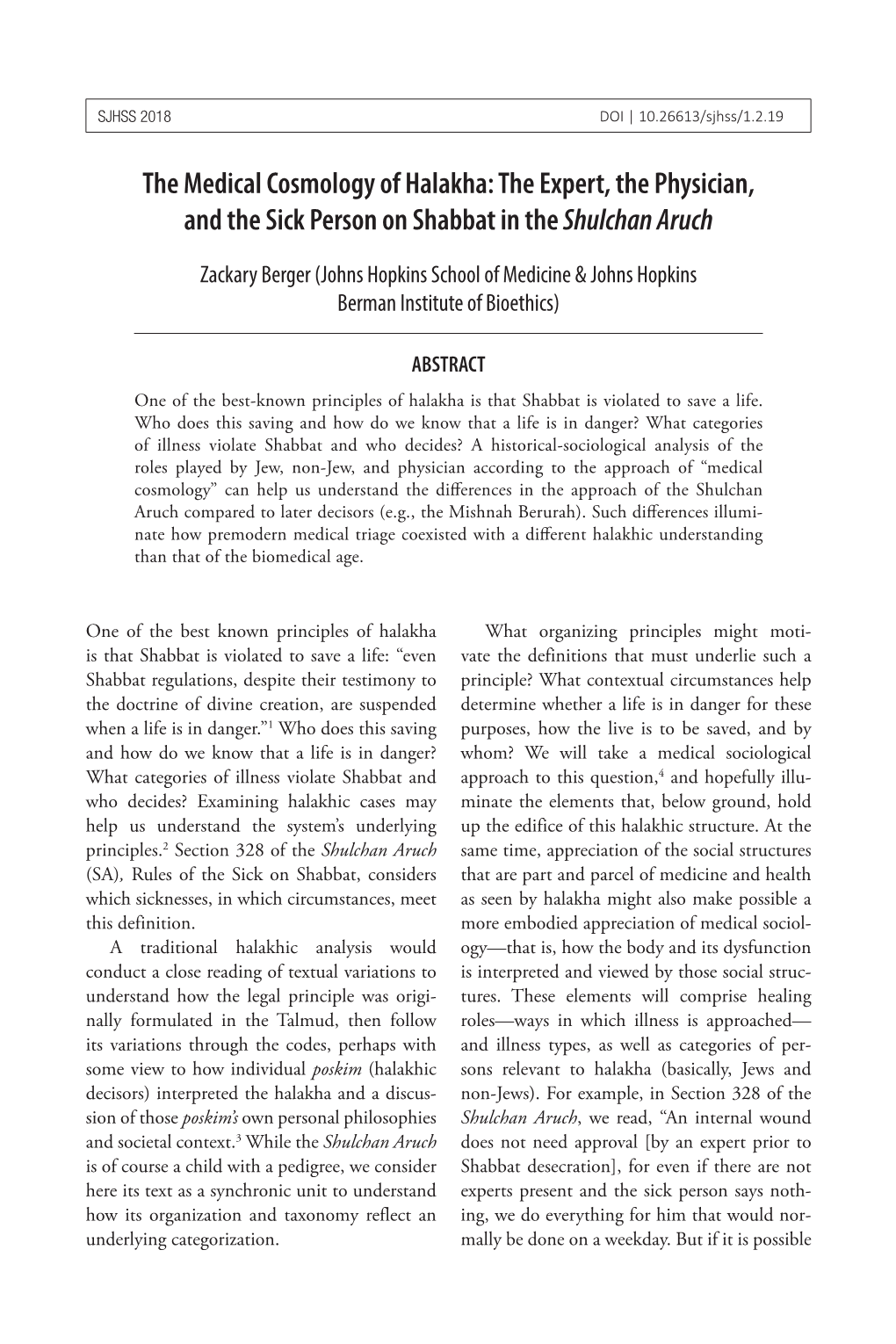 The Medical Cosmology of Halakha: the Expert, the Physician, and the Sick Person on Shabbat in the Shulchan Aruch