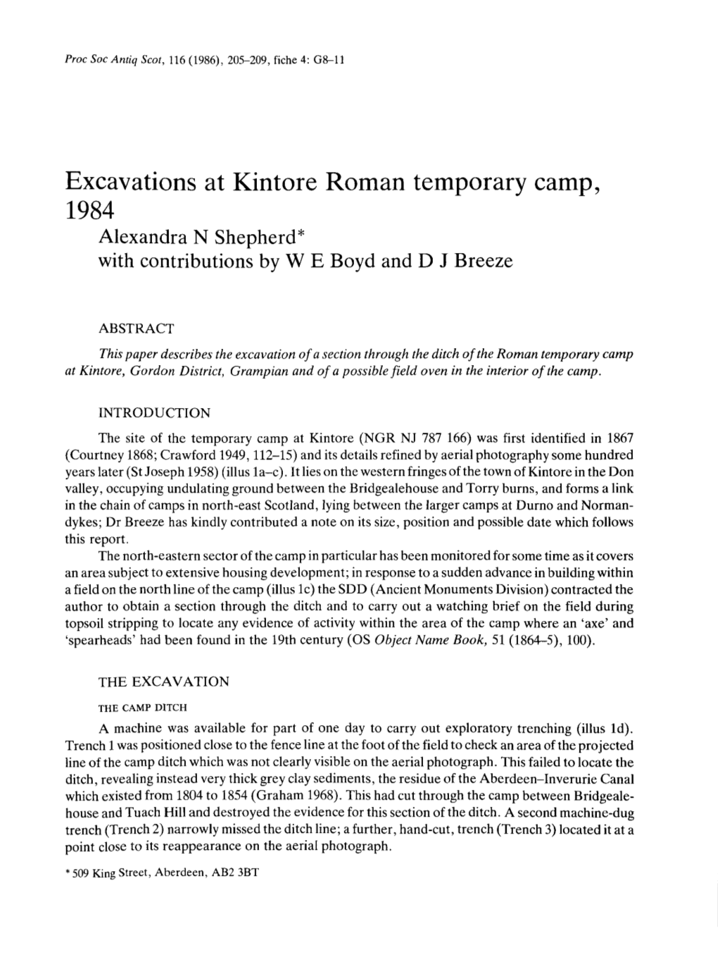 Excavations at Kintore Roman Temporary Camp, 1984 Alexandr Shepherdan * with Contribution Breezj Boyd E D Ew D an Y Sb