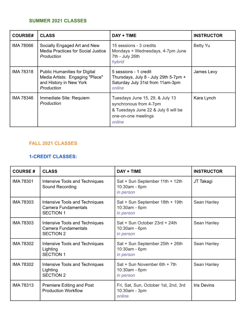 Summer + Fall 2021 Courses