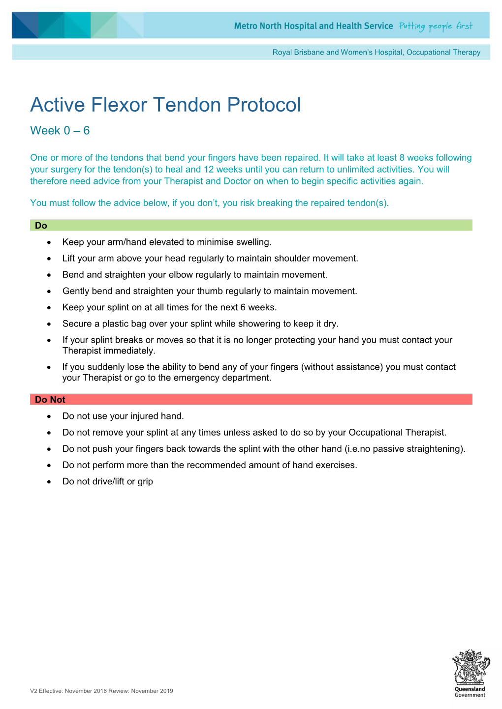 Active Flexor Tendon Protocol (Week 0 – 6)