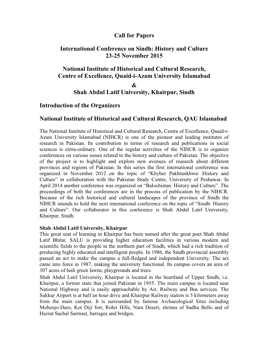 Call for Papers International Conference on Sindh