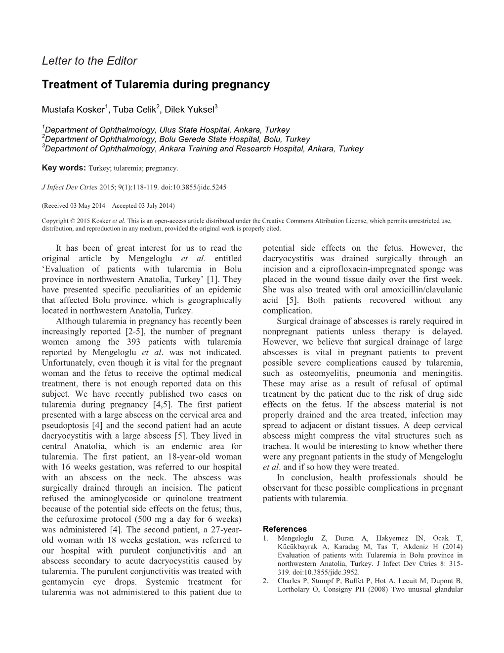 Letter to the Editor Treatment of Tularemia During Pregnancy