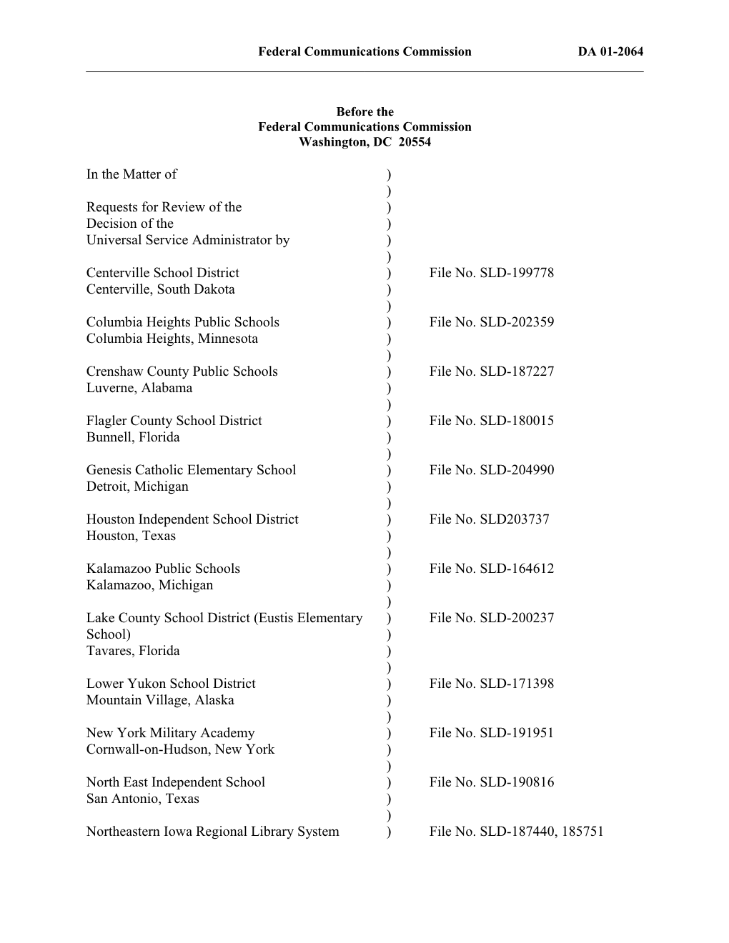 Federal Communications Commission DA 01-2064