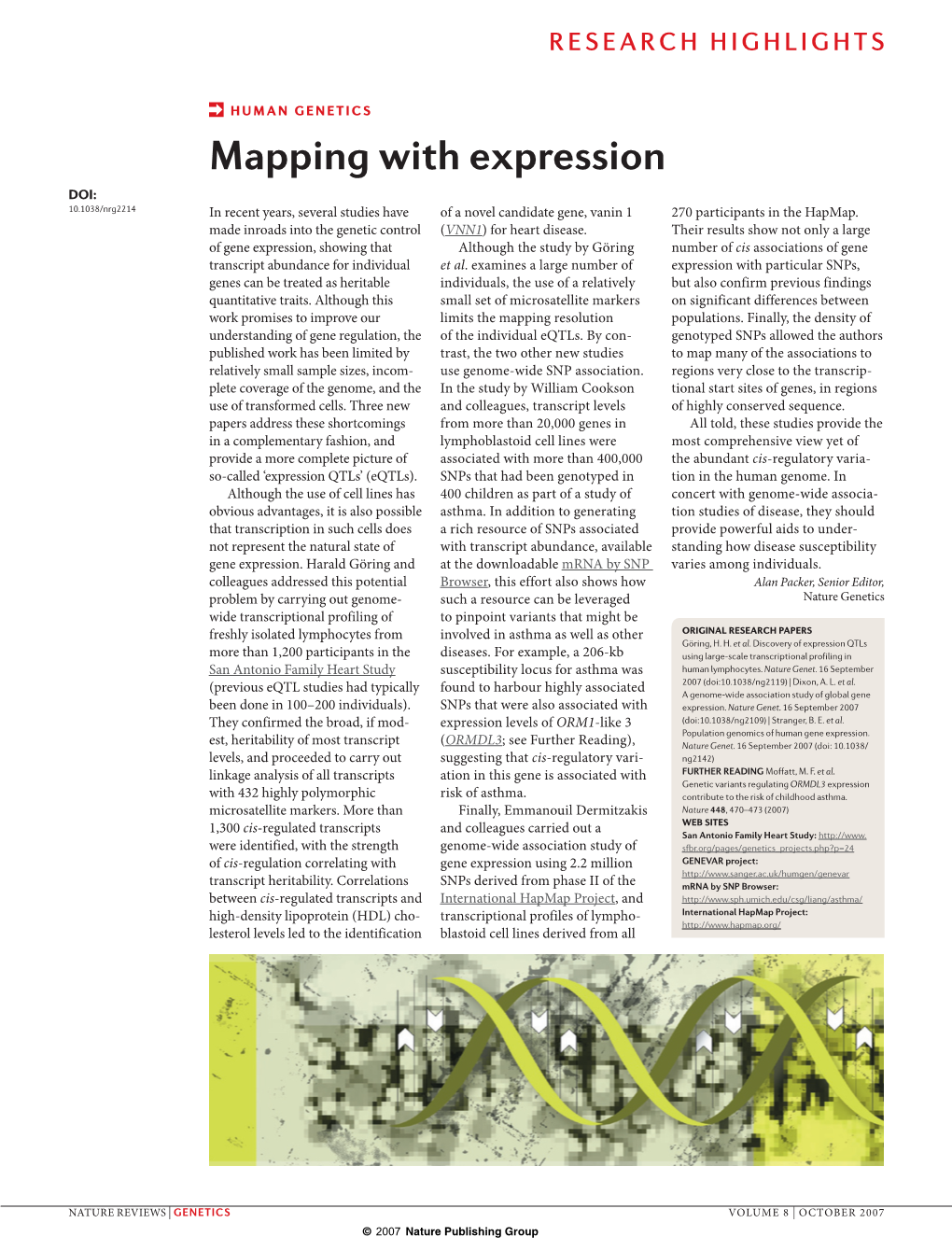 Mapping with Expression DOI: 10.1038/Nrg2214 in Recent Years, Several Studies Have of a Novel Candidate Gene, Vanin 1 270 Participants in the Hapmap