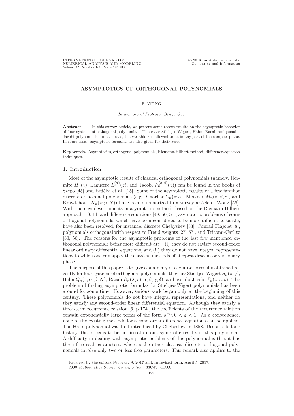 ASYMPTOTICS of ORTHOGONAL POLYNOMIALS 1. Introduction Most of the Asymptotic Results of Classical Orthogonal Polynomials (Namely