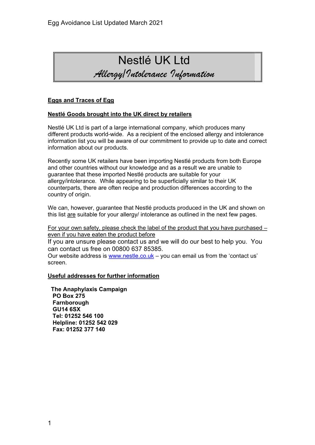 Nestlé UK Ltd Allergy/Intolerance Information