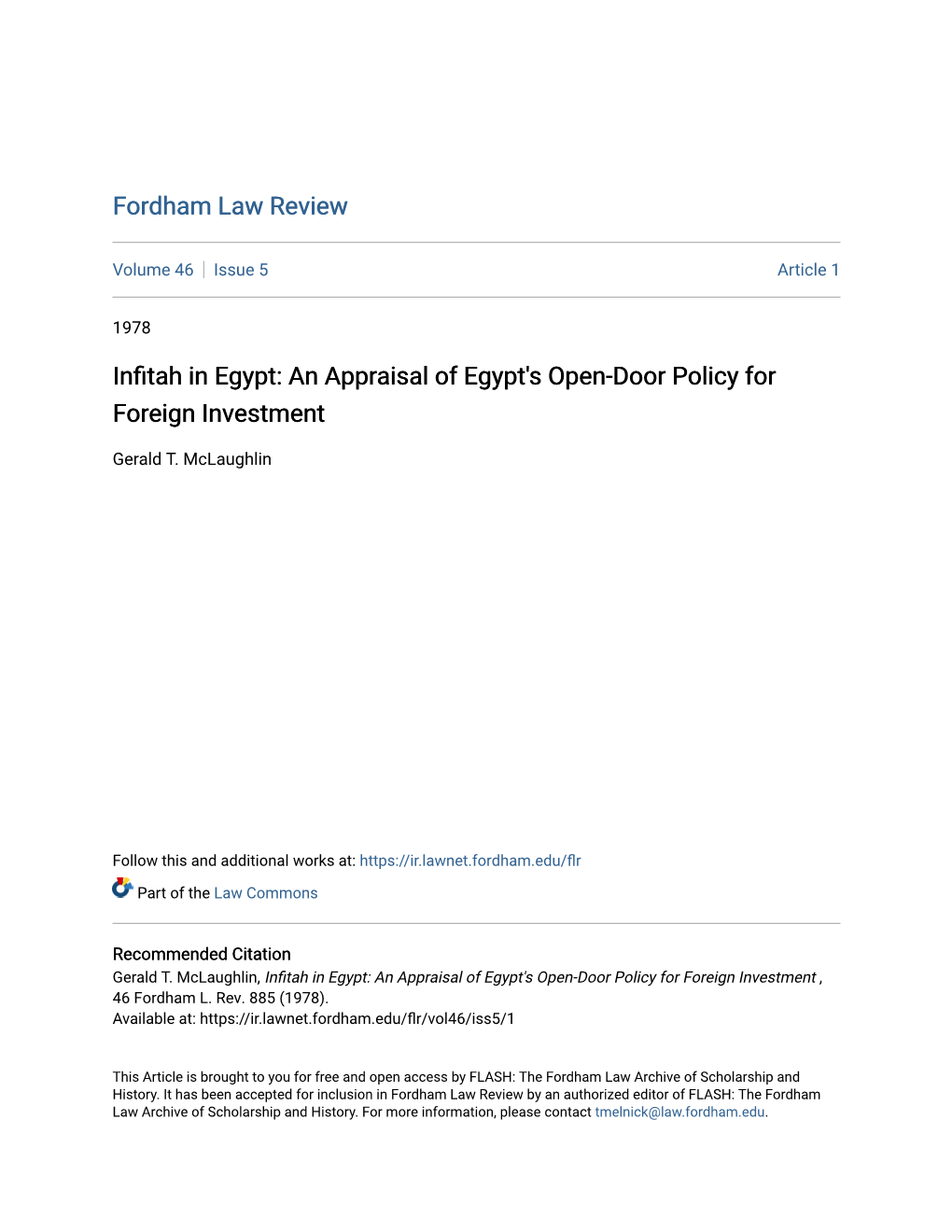 Infitah in Egypt: an Appraisal of Egypt's Open-Door Policy for Foreign Investment Gerald T