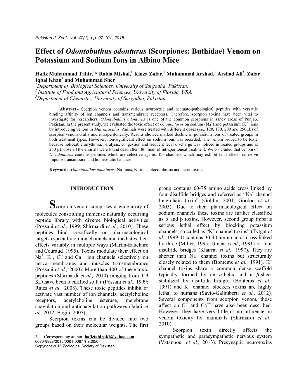 Effect of Odontobuthus Odonturus (Scorpiones: Buthidae) Venom on Potassium and Sodium Ions in Albino Mice