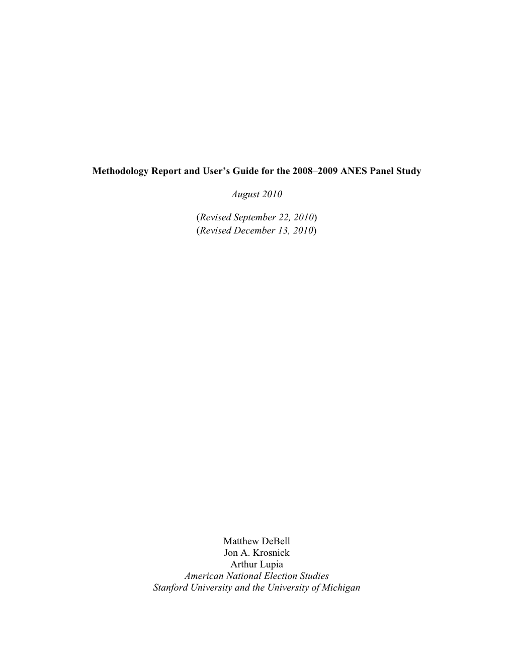 Methodology Report and User's Guide for the 2008-2009 ANES Panel Study