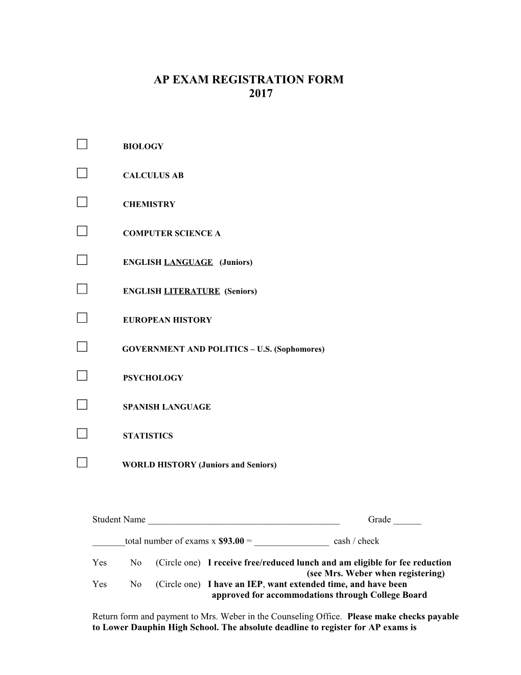 Ap Exam Registration Form s1