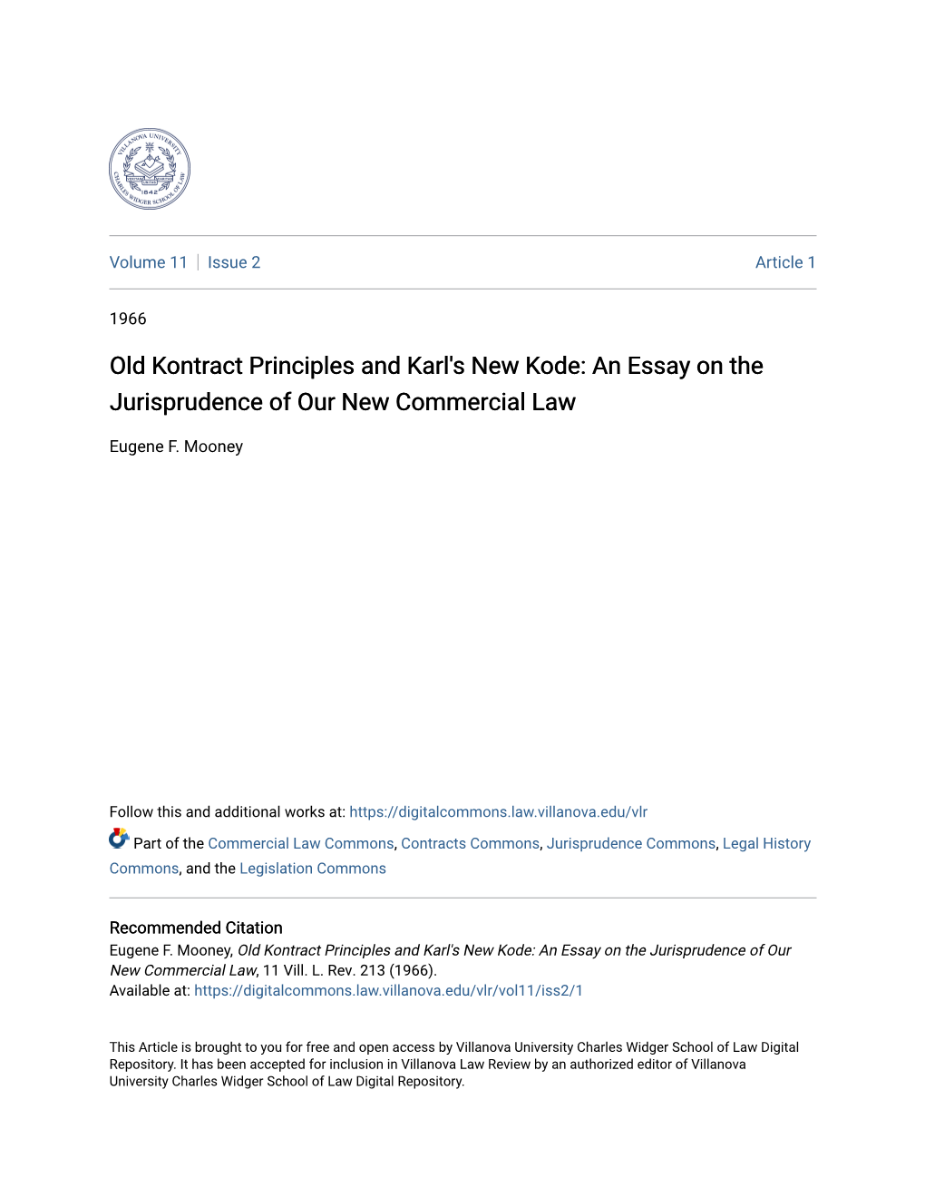 Old Kontract Principles and Karl's New Kode: an Essay on the Jurisprudence of Our New Commercial Law
