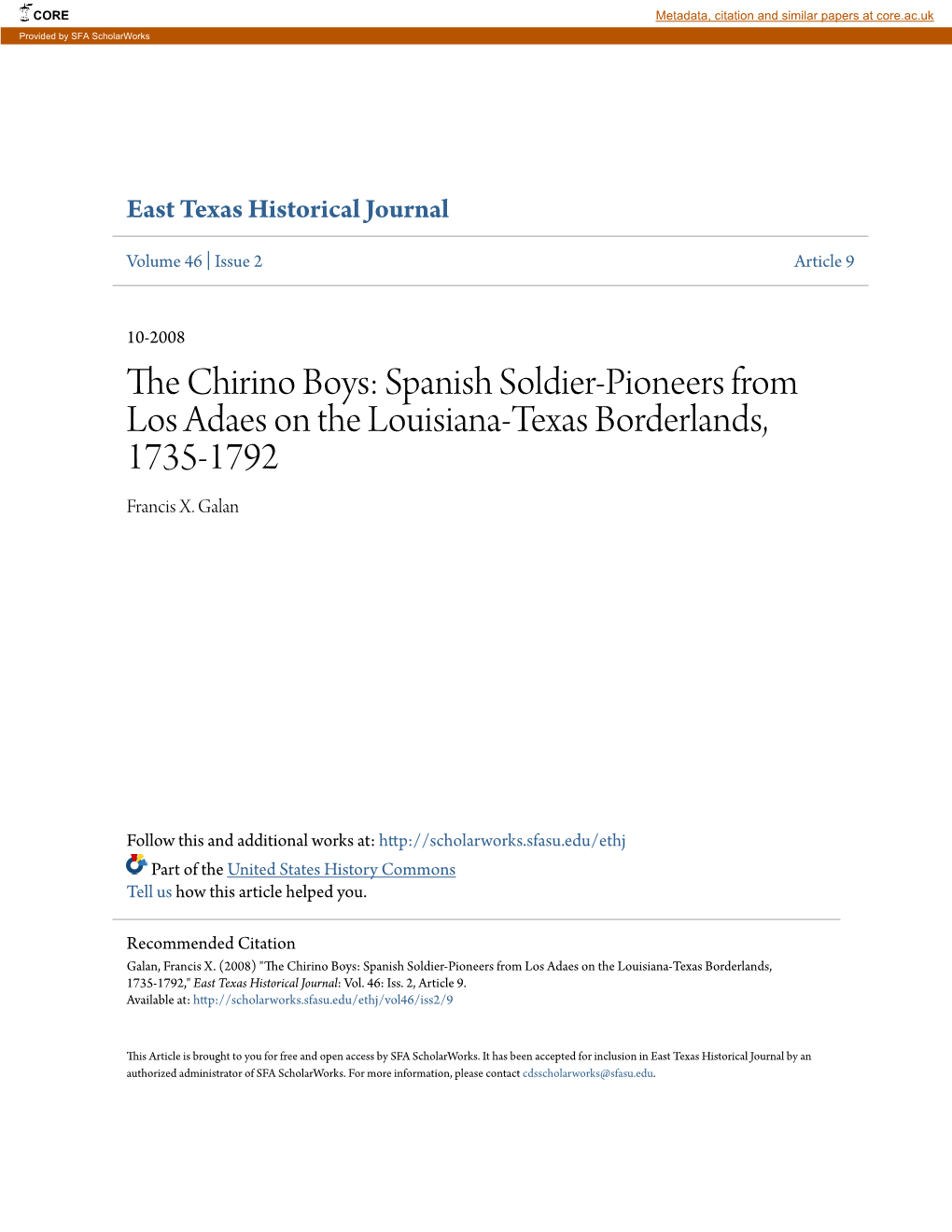 The Chirino Boys: Spanish Soldier-Pioneers from Los Adaes on the Louisiana·Texas Borderlands, 1735-1792