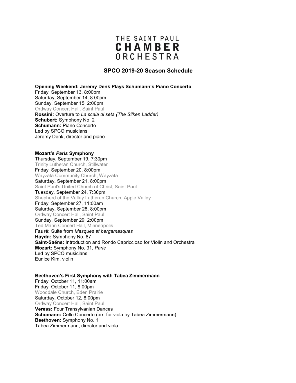 SPCO 2019-20 Season Schedule