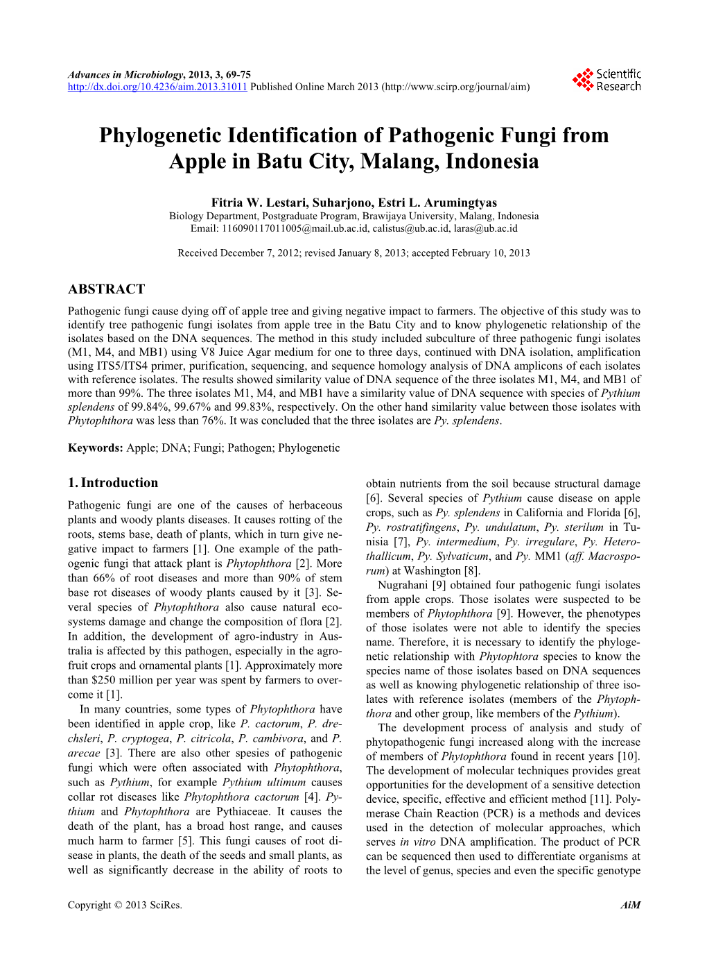 Phylogenetic Identification of Pathogenic Fungi from Apple in Batu City, Malang, Indonesia