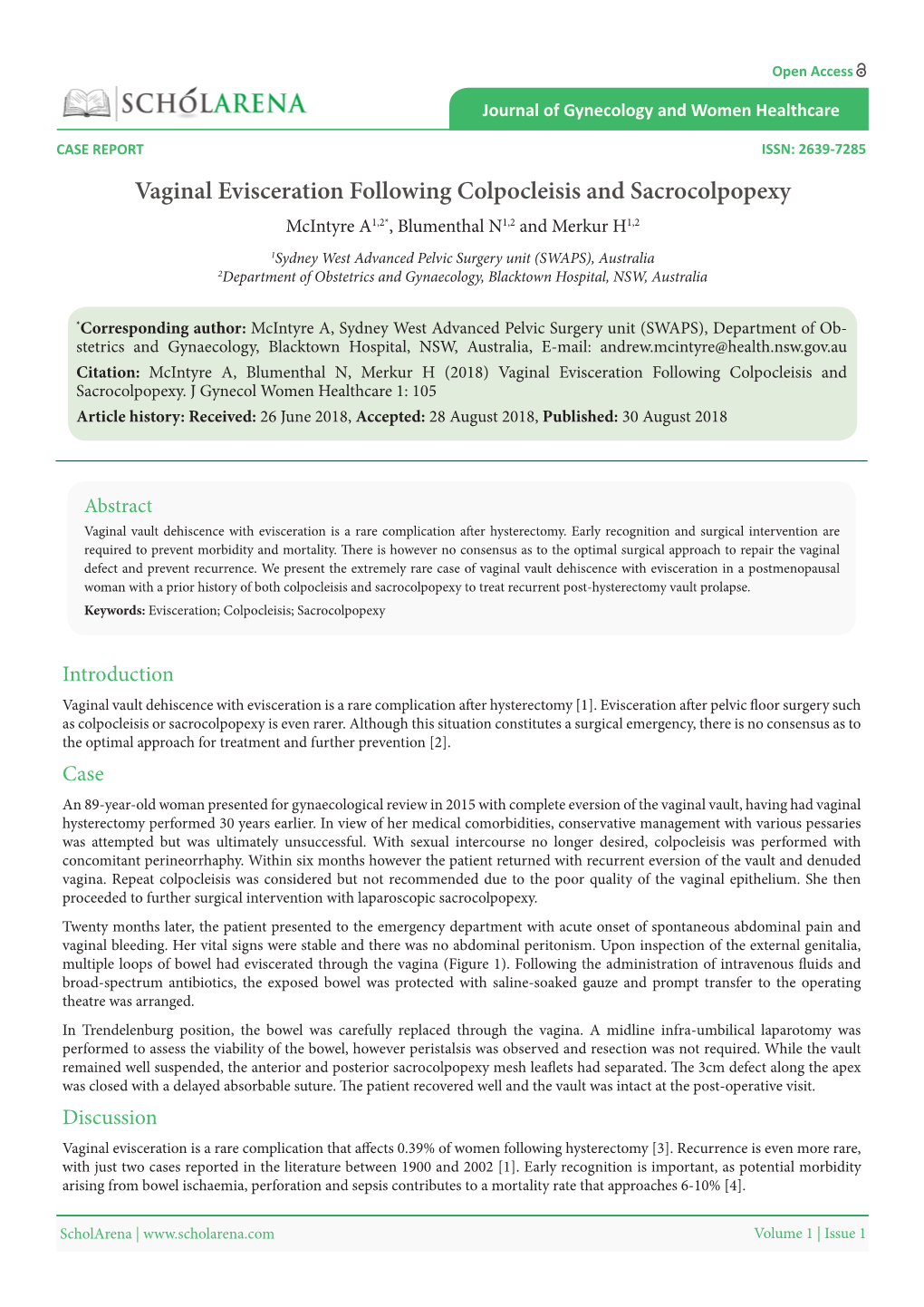 Vaginal Evisceration Following Colpocleisis and Sacrocolpopexy