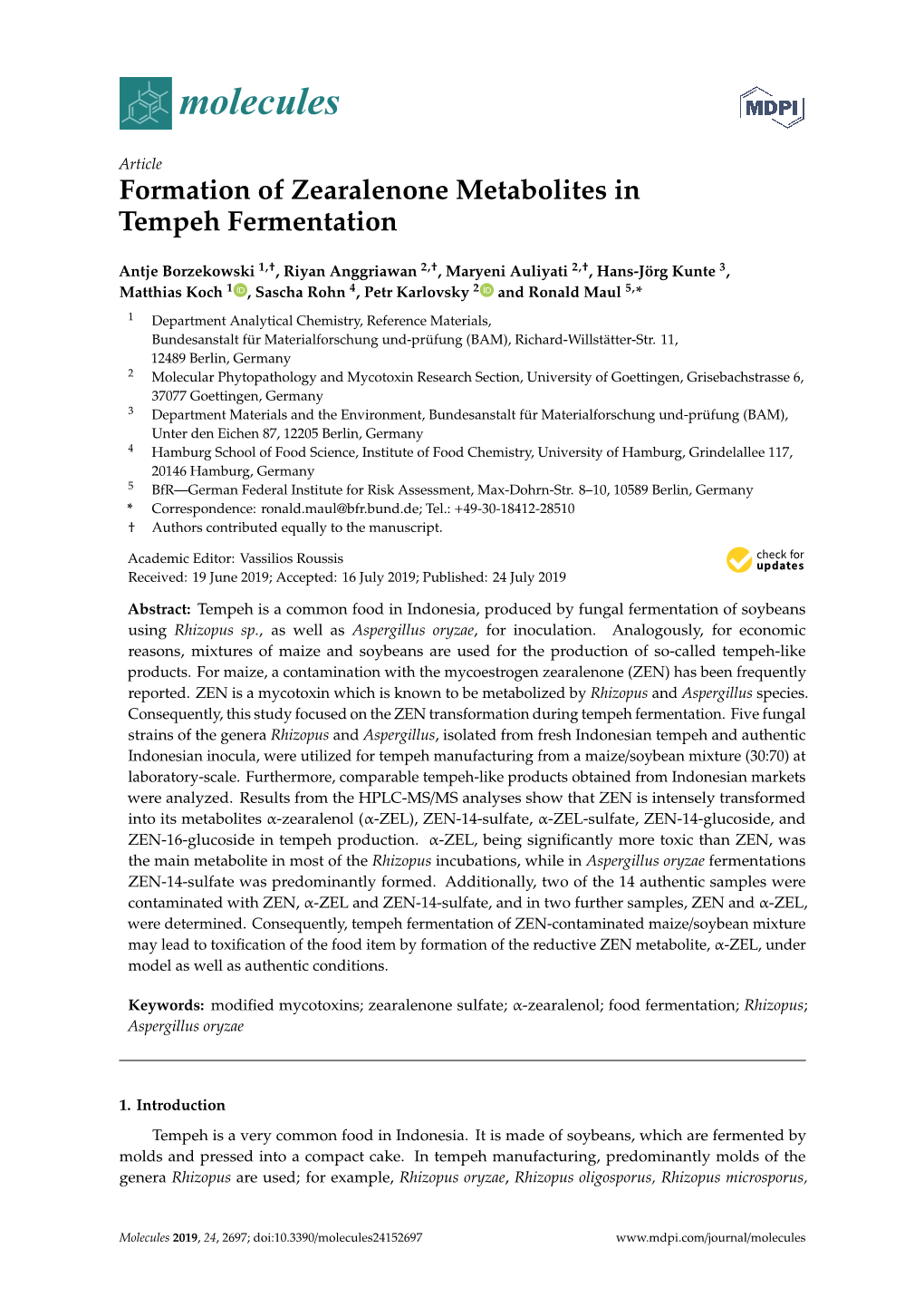 Formation of Zearalenone Metabolites in Tempeh Fermentation