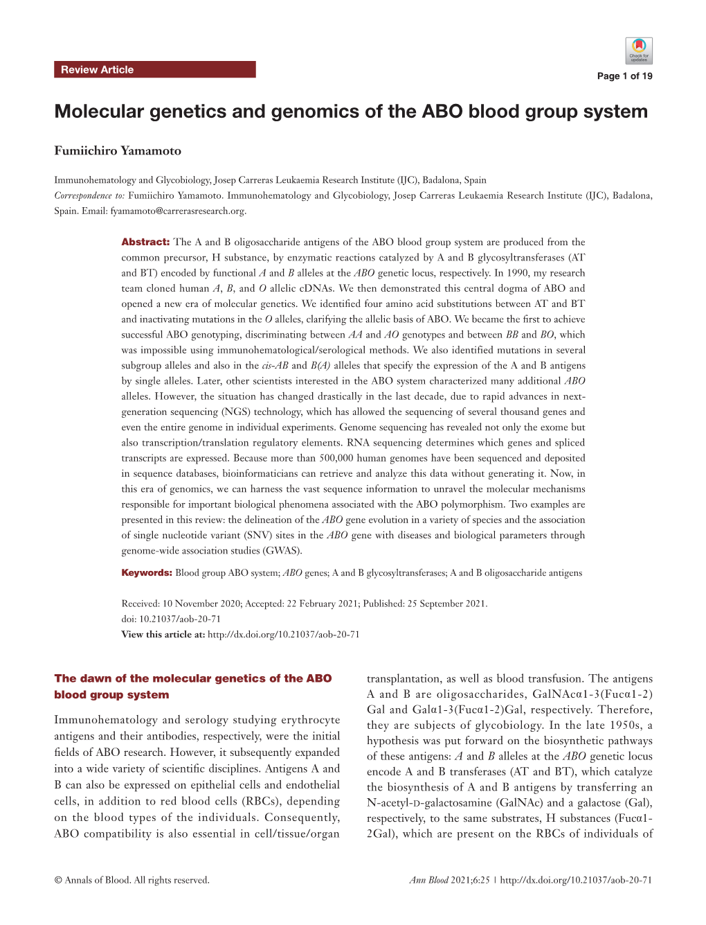 Molecular Genetics and Genomics of the ABO Blood Group System