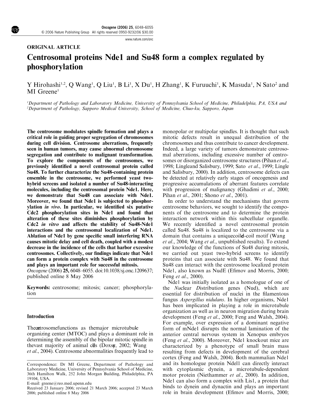 Centrosomal Proteins Nde1 and Su48 Form a Complex Regulated by Phosphorylation