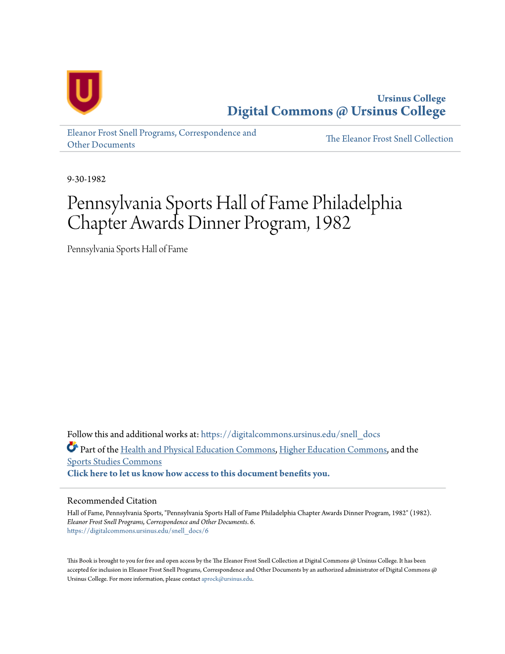 Pennsylvania Sports Hall of Fame Philadelphia Chapter Awards Dinner Program, 1982 Pennsylvania Sports Hall of Fame