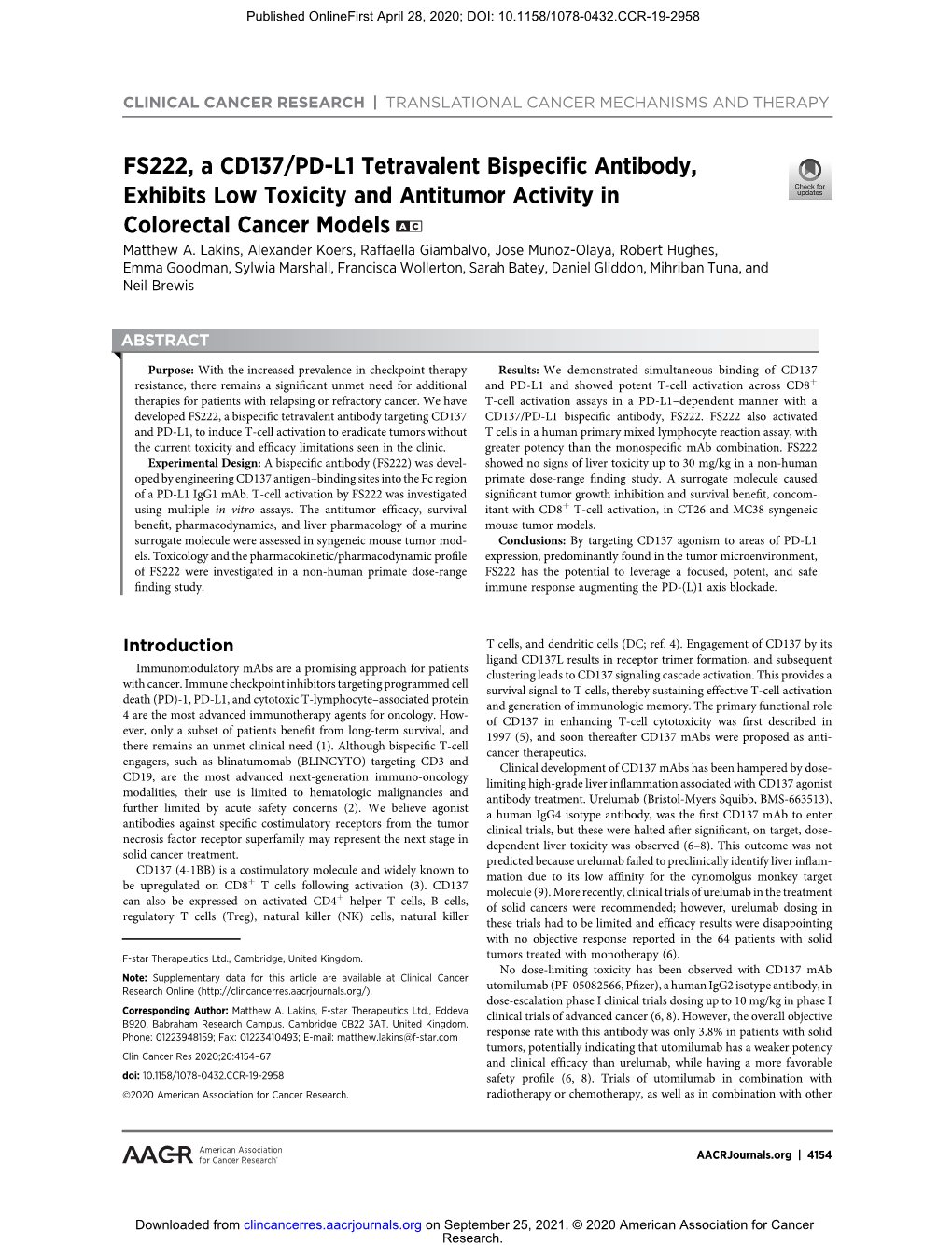 FS222, a CD137/PD-L1 Tetravalent Bispecific Antibody, Exhibits Low Toxicity and Antitumor Activity in Colorectal Cancer Models