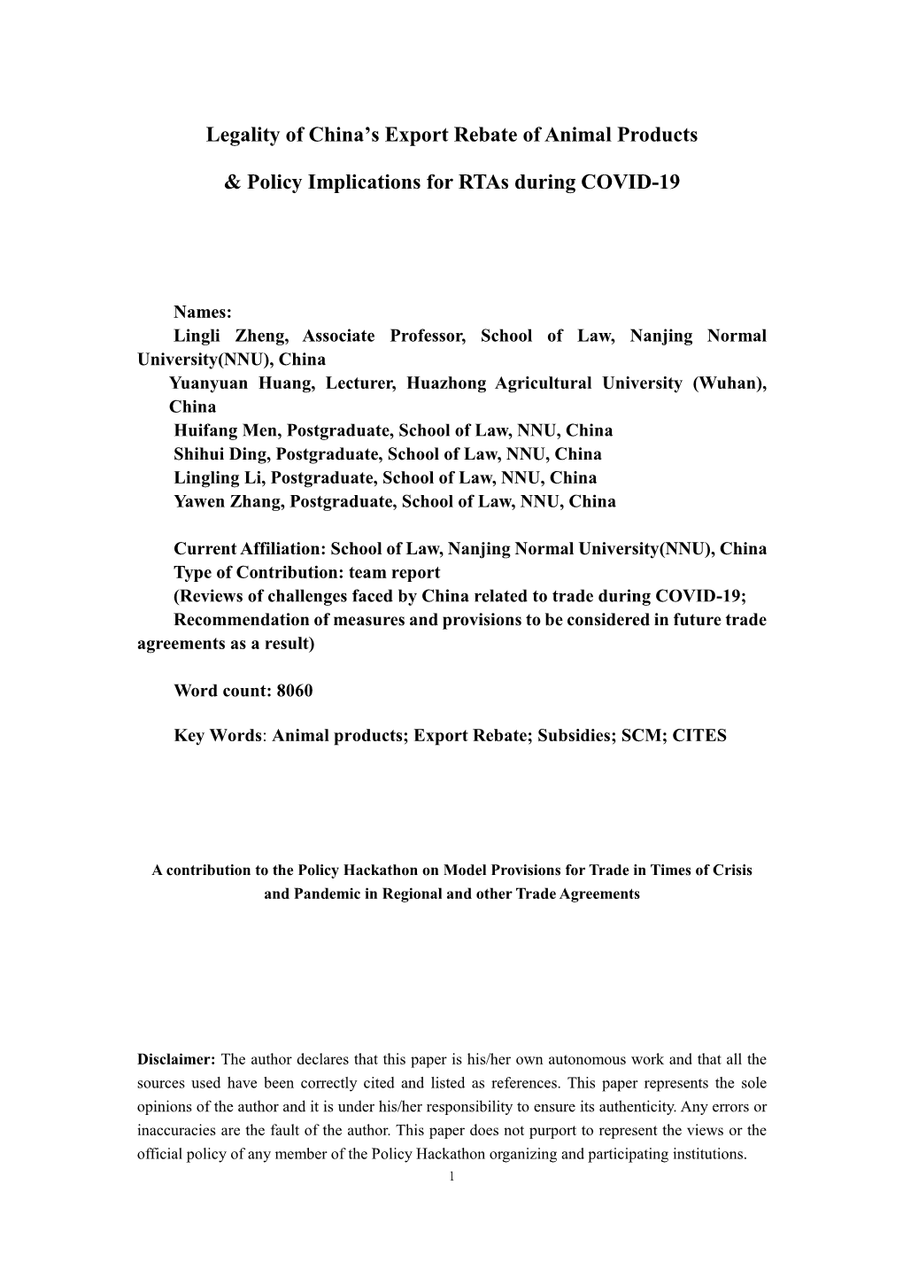 Legality of China's Export Rebate of Animal Products & Policy