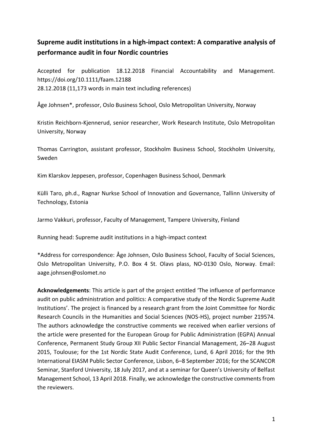 Supreme Audit Institutions in a High-Impact Context: a Comparative Analysis of Performance Audit in Four Nordic Countries