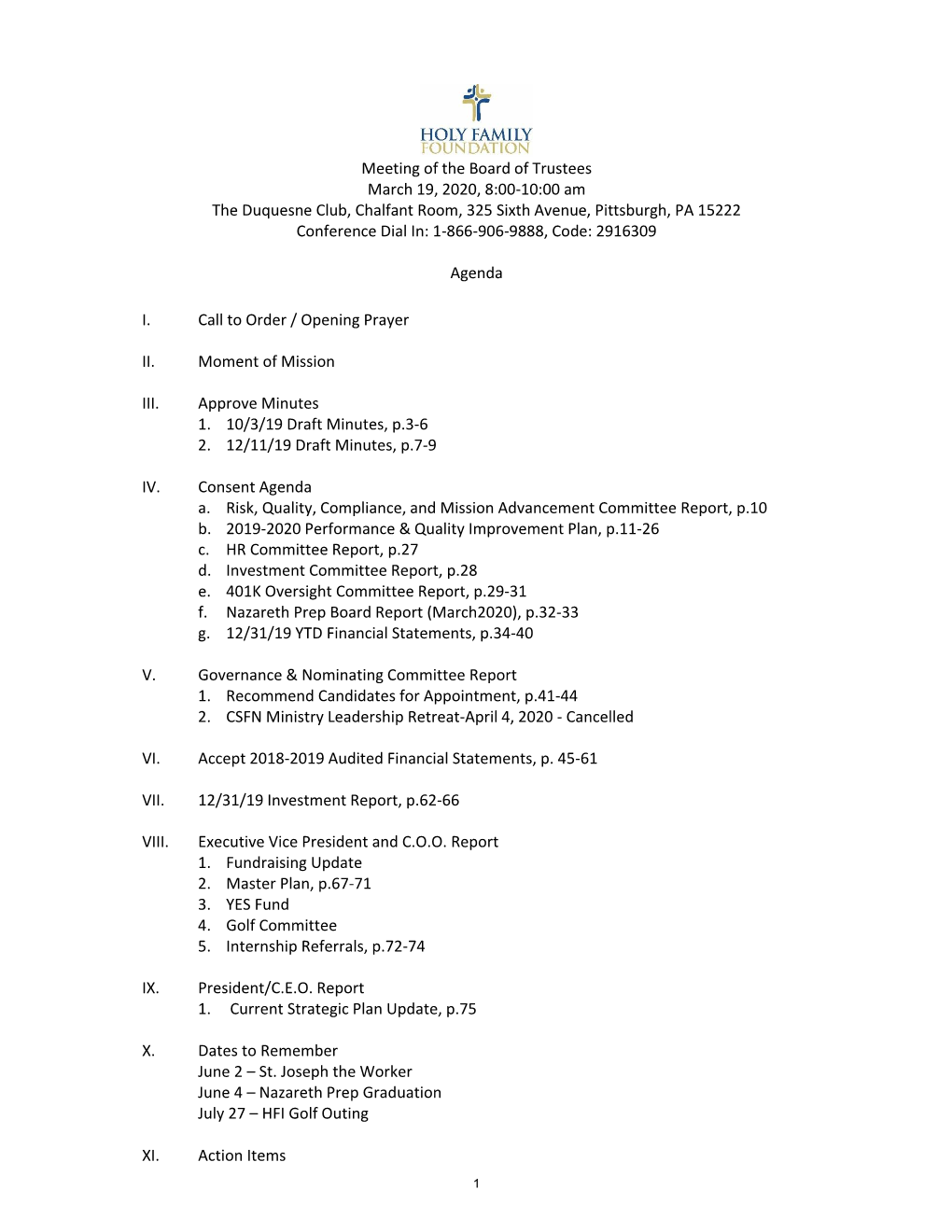 Meeting of the Board of Trustees March 19, 2020, 8:00-10:00 Am The