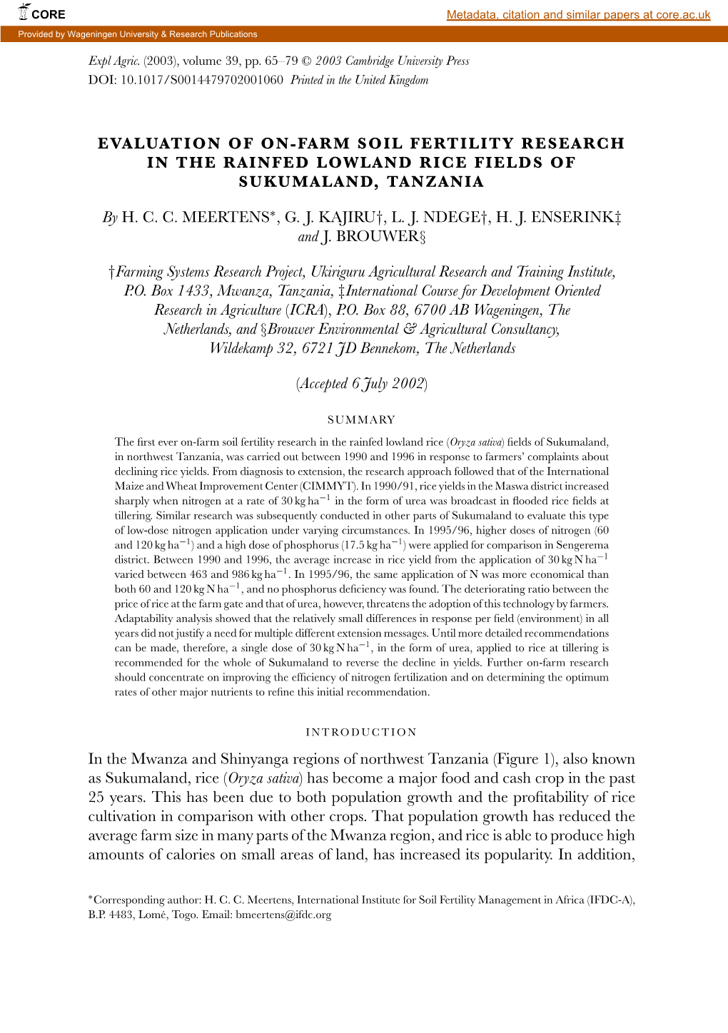 Evaluation of On-Farm Soil Fertility Research in the Rainfed Lowland Rice Fields of Sukumaland, Tanzania