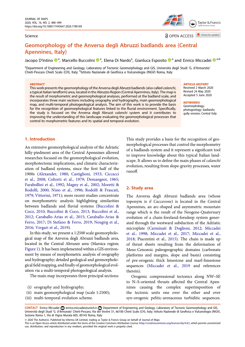 Geomorphology of the Anversa Degli Abruzzi Badlands Area (Central