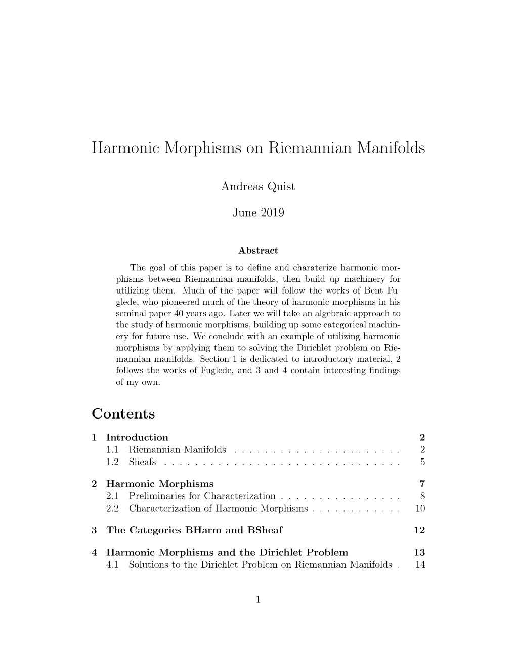 Harmonic Morphisms on Riemannian Manifolds