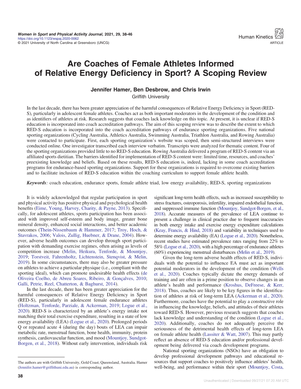 Are Coaches of Female Athletes Informed of Relative Energy Deﬁciency in Sport? a Scoping Review