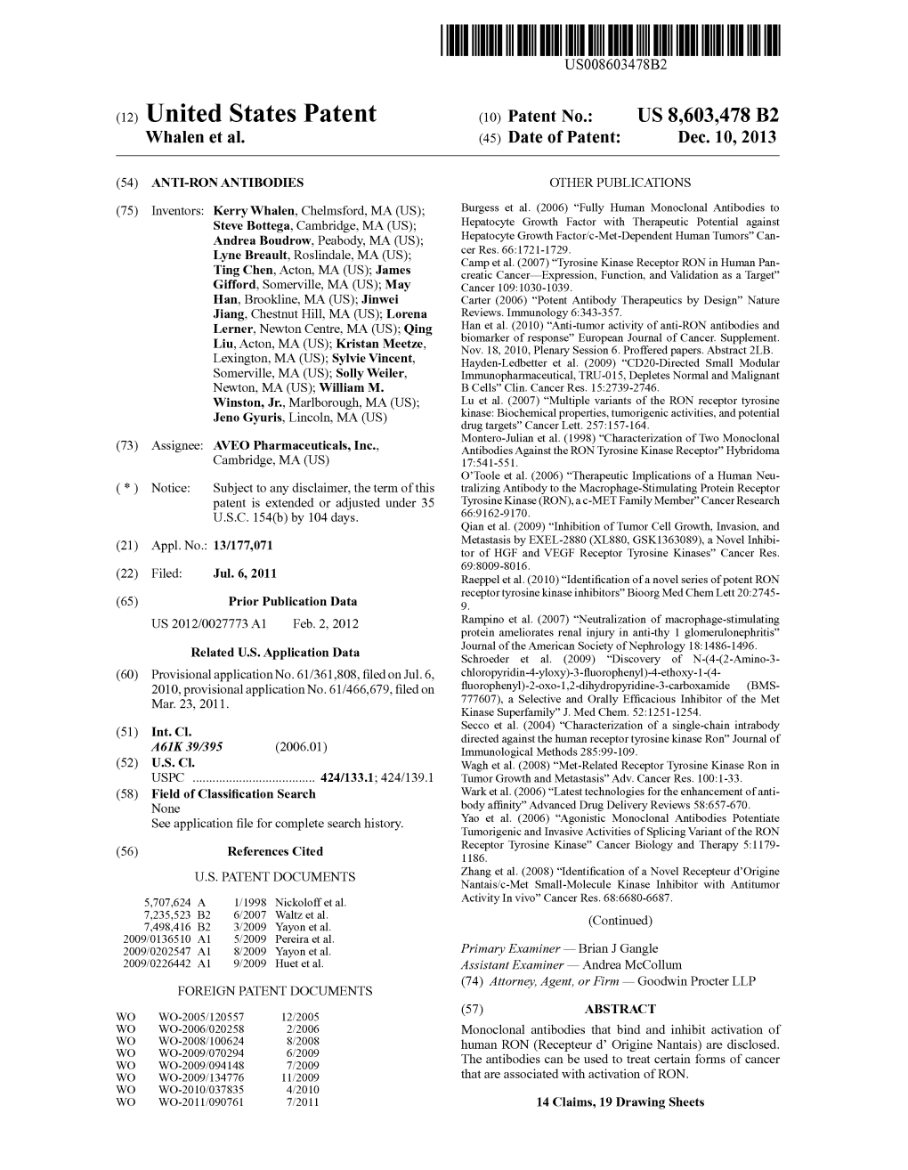 (12) United States Patent (10) Patent No.: US 8,603,478 B2 Whalen Et Al