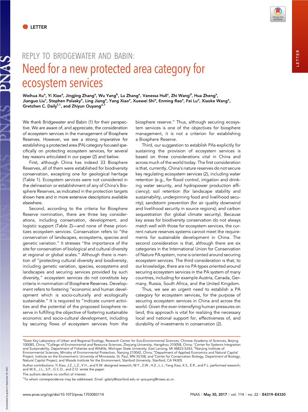 Need for a New Protected Area Category for Ecosystem Services