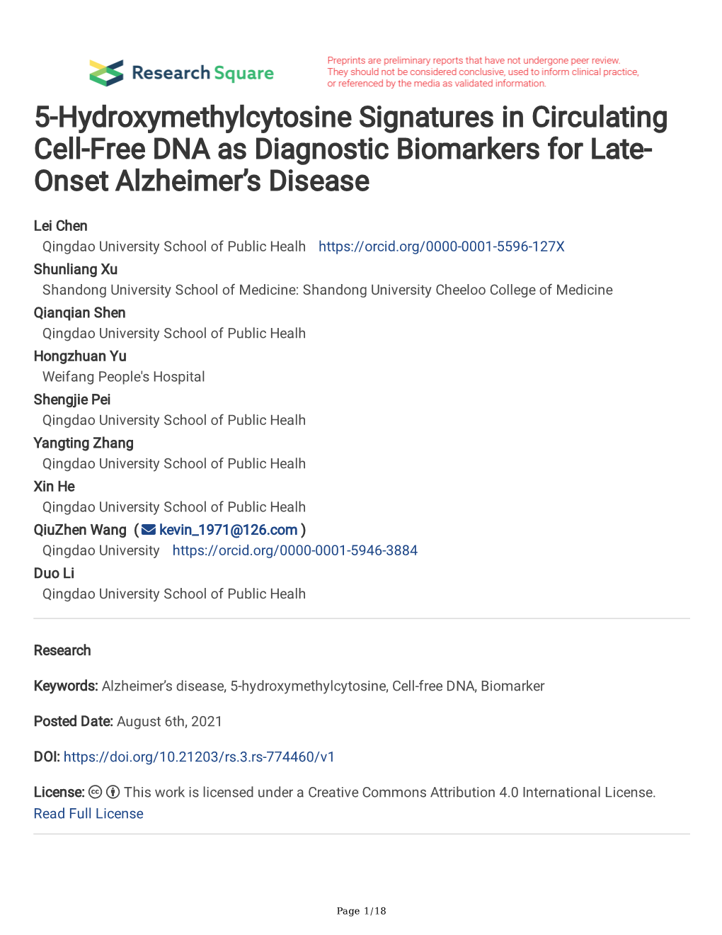 5-Hydroxymethylcytosine Signatures in Circulating Cell-Free DNA As Diagnostic Biomarkers for Late- Onset Alzheimer’S Disease