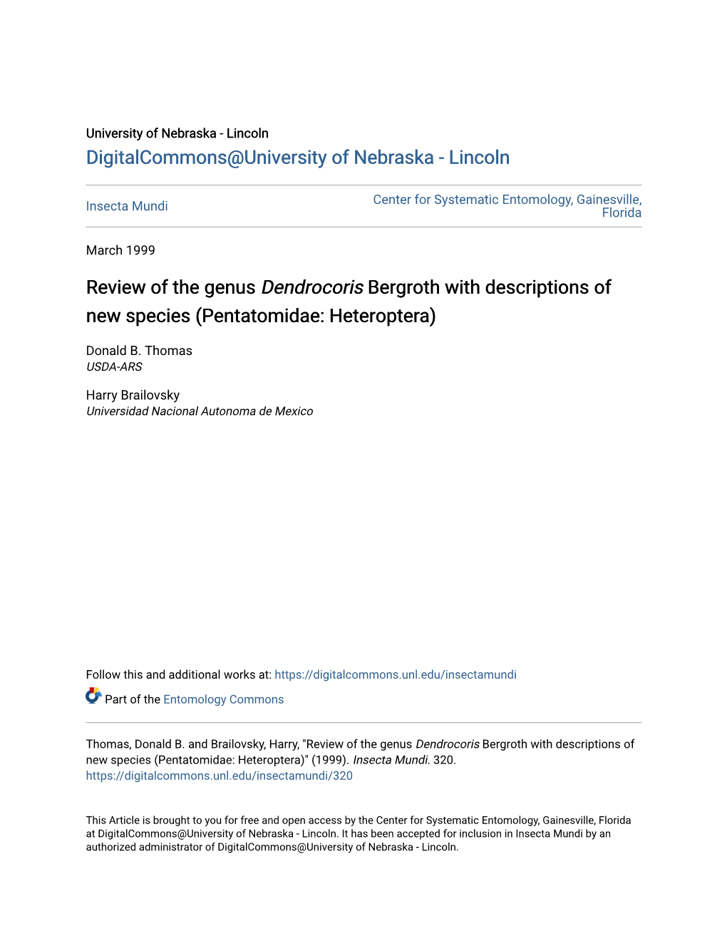 Review of the Genus Dendrocoris Bergroth with Descriptions of New Species (Pentatomidae: Heteroptera)