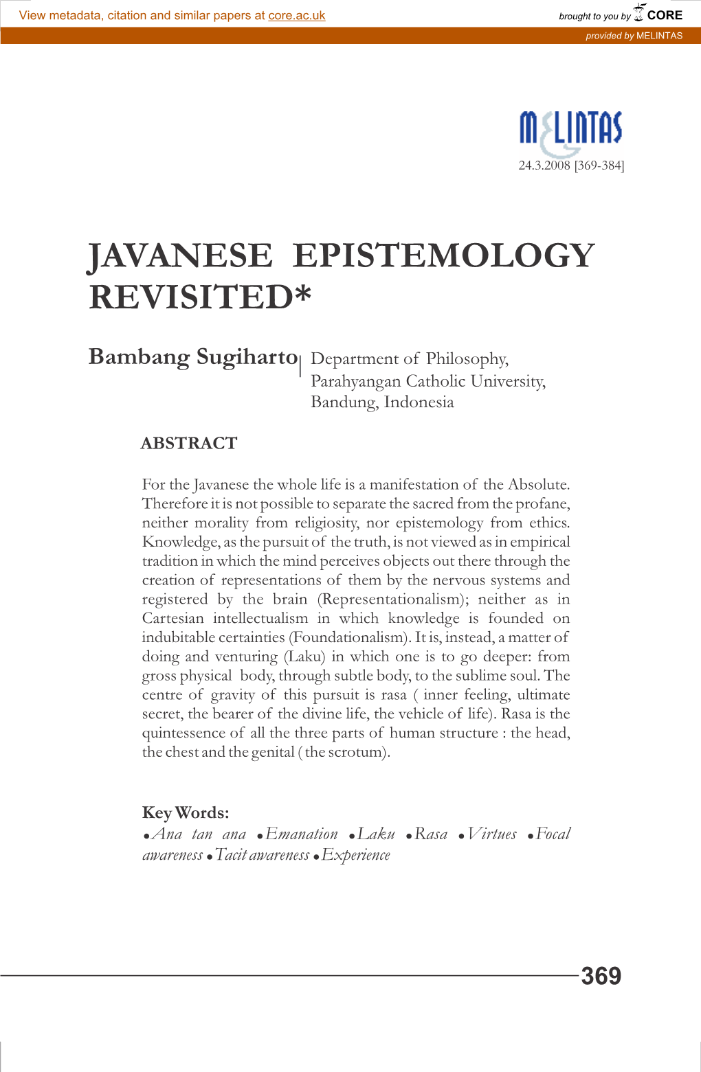 Javanese Epistemology Revisited*