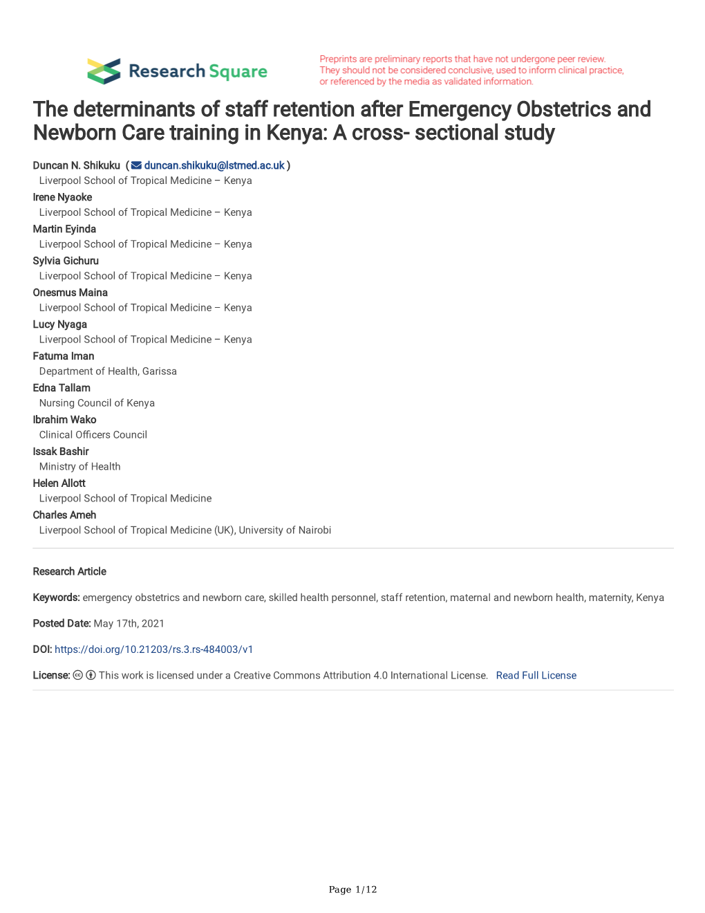 The Determinants of Staff Retention After Emergency Obstetrics and Newborn Care Training in Kenya: a Cross- Sectional Study