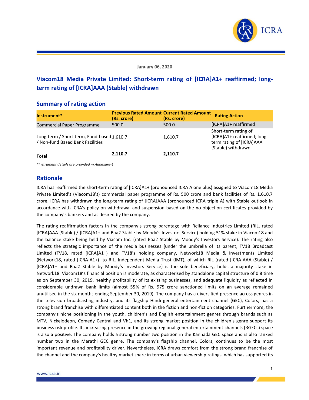 Viacom18 Media Private Limited: Short-Term Rating of [ICRA]A1+ Reaffirmed; Long- Term Rating of [ICRA]AAA (Stable) Withdrawn