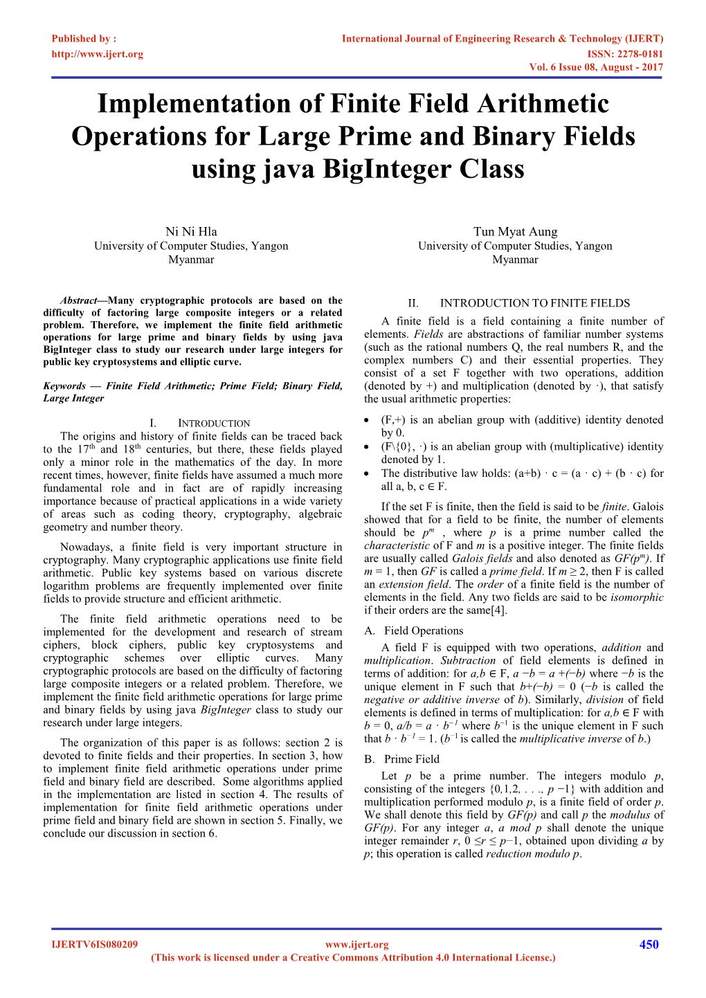 Implementation of Finite Field Arithmetic Operations for Large Prime and Binary Fields Using Java Biginteger C Lass