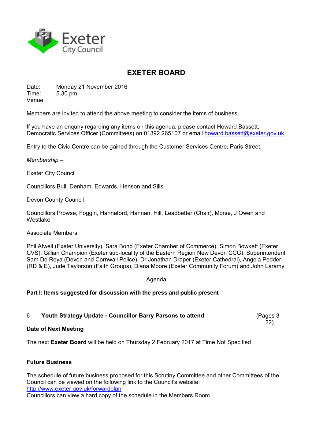 Exeter Youth Strategy Agenda Supplement for Exeter Board, 21/11