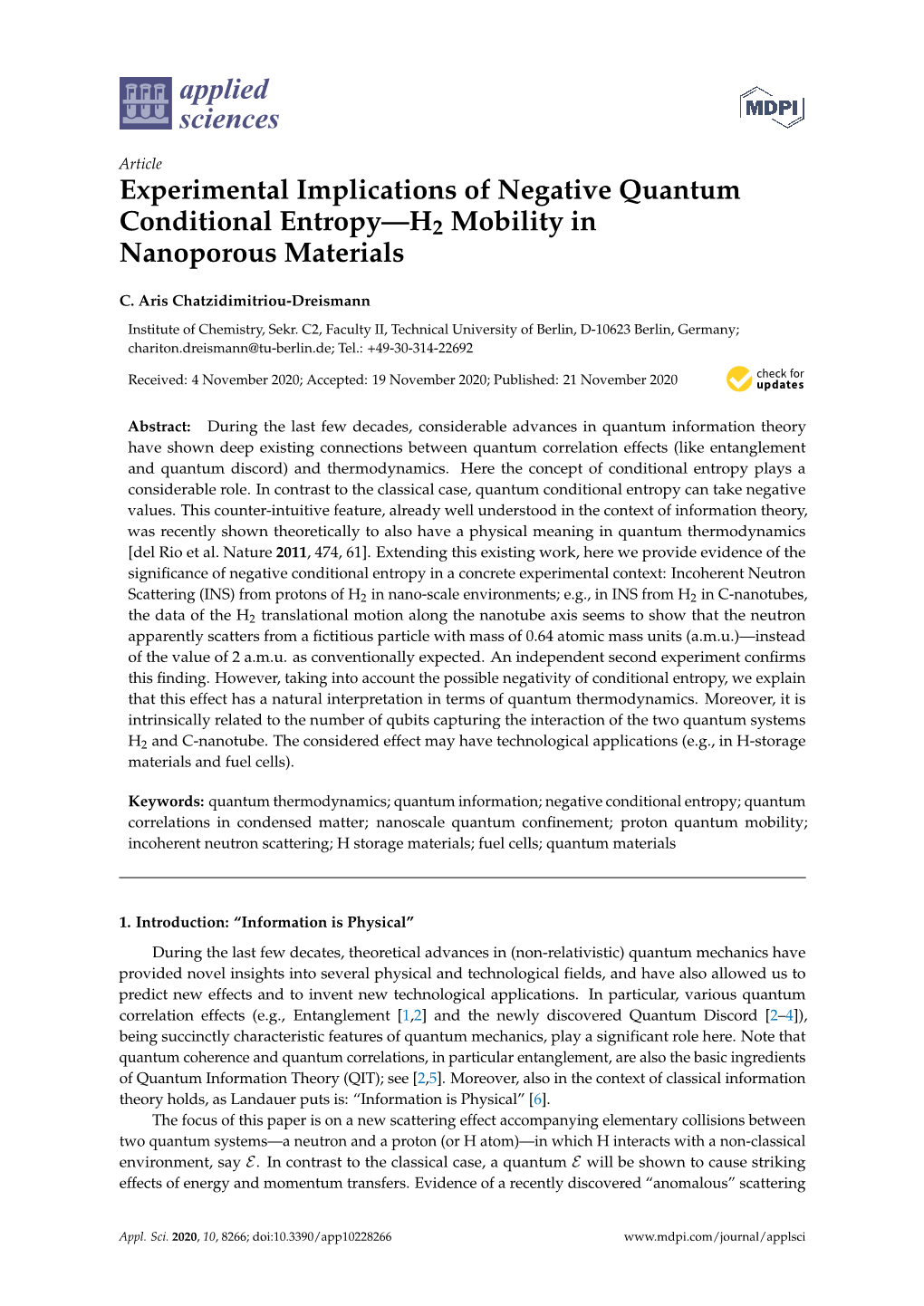 Experimental Implications of Negative Quantum Conditional Entropy—H2 Mobility in Nanoporous Materials