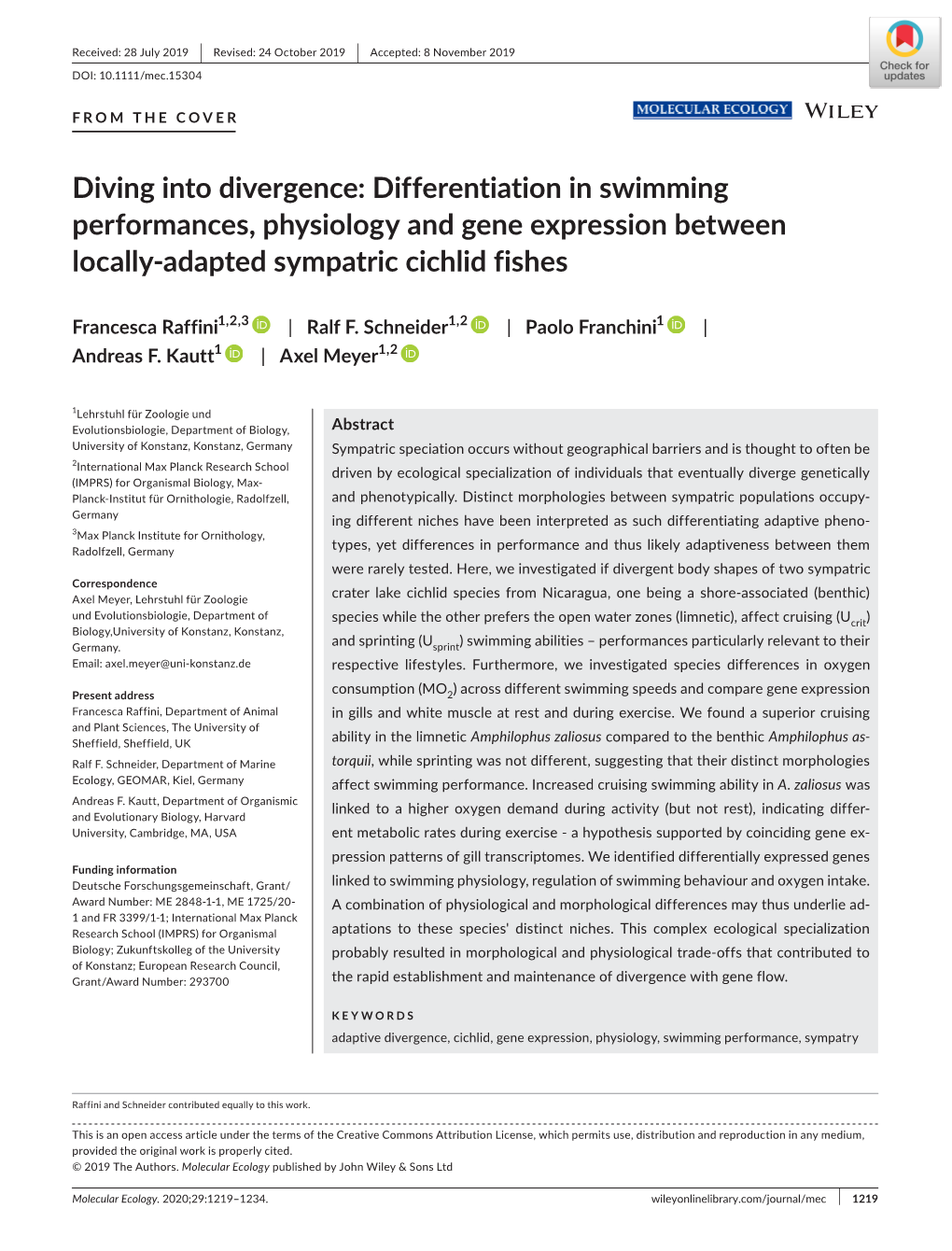 Differentiation in Swimming Performances, Physiology and Gene Expression Between Locally-Adapted Sympatric Cichlid Fishes