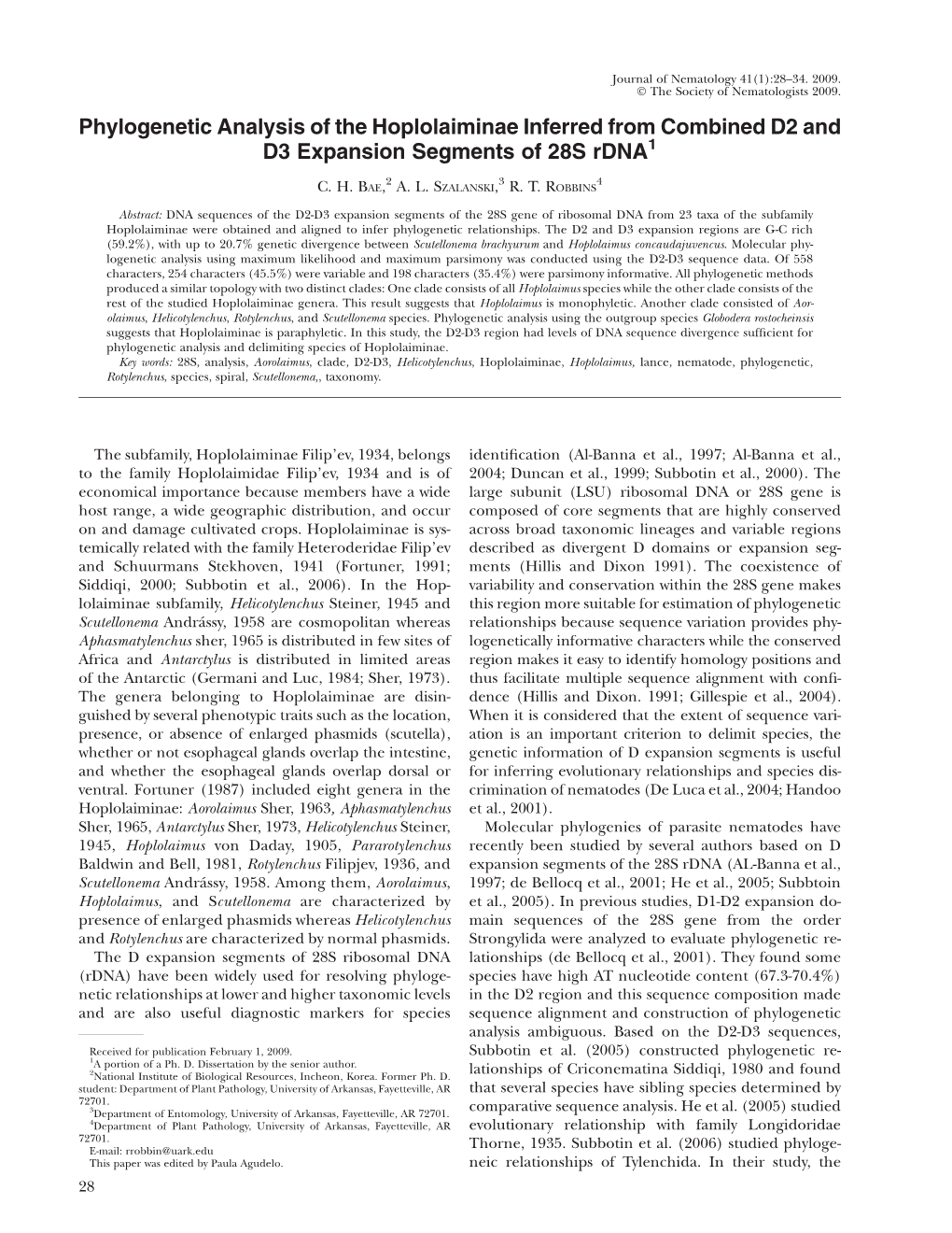 Phylogenetic Analysis of the Hoplolaiminae Inferred from Combined D2 and D3 Expansion Segments of 28S Rdna1