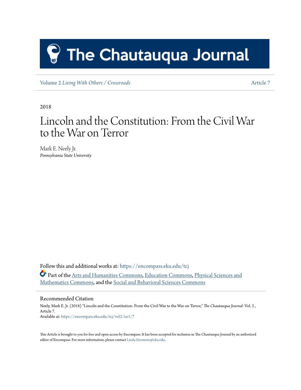 Lincoln and the Constitution: from the Civil War to the War on Terror Mark E