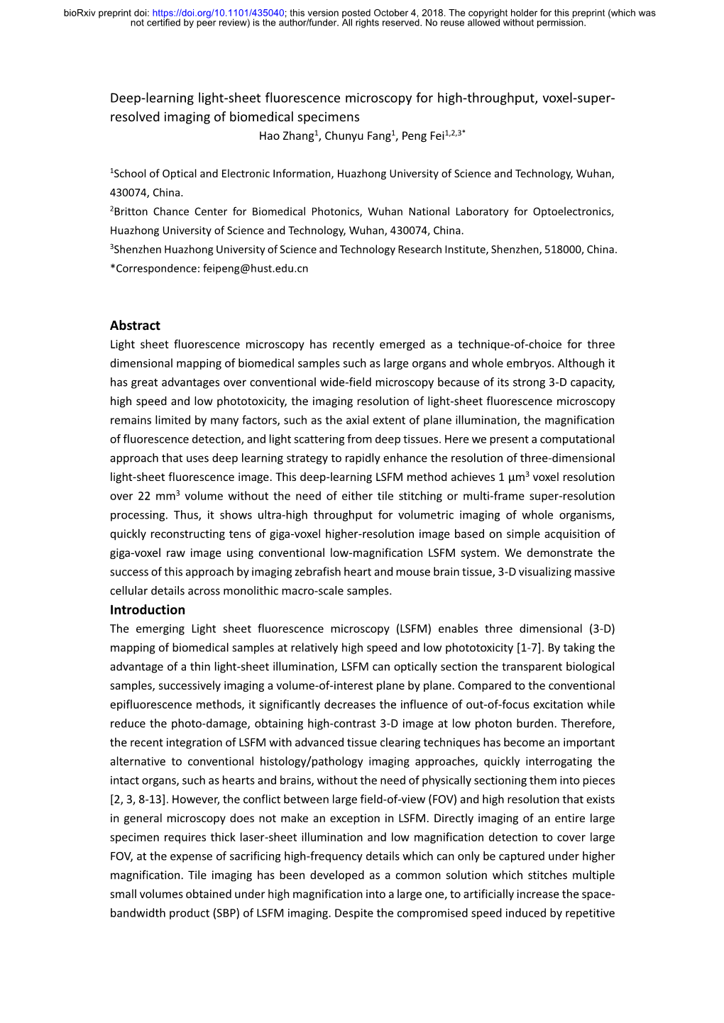 Deep-Learning Light-Sheet Fluorescence Microscopy for High-Throughput, Voxel-Super- Resolved Imaging of Biomedical Specimens Hao Zhang1, Chunyu Fang1, Peng Fei1,2,3*