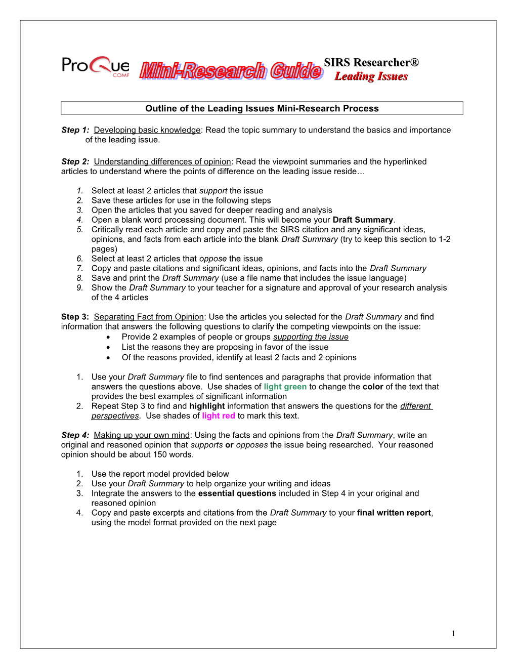 Outline of the Leading Issues Mini-Research Process