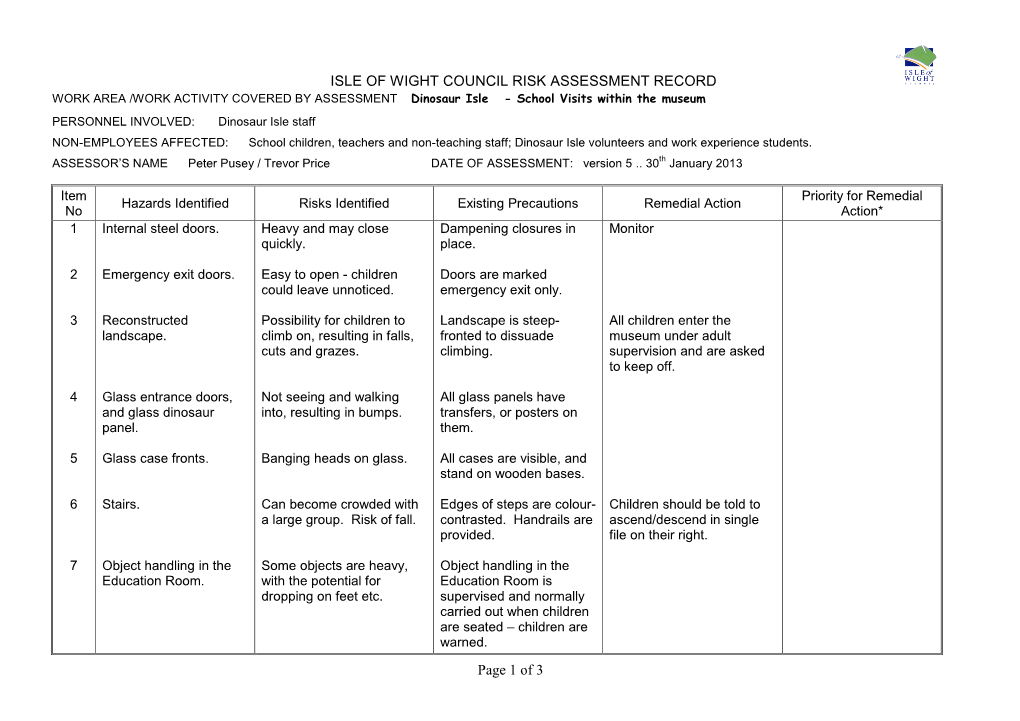 ISLE of WIGHT COUNCIL RISK ASSESSMENT RECORD Page 1 of 3