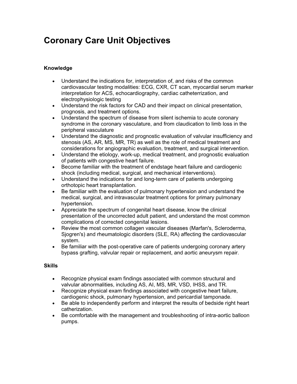 Coronary Care Unit Objectives